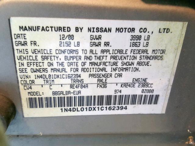 1N4DL01DX1C162394 - 2001 NISSAN ALTIMA XE GOLD photo 10