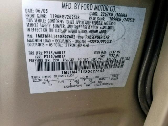 1MEFM41145G627682 - 2005 MERCURY MONTEGO LU GOLD photo 10