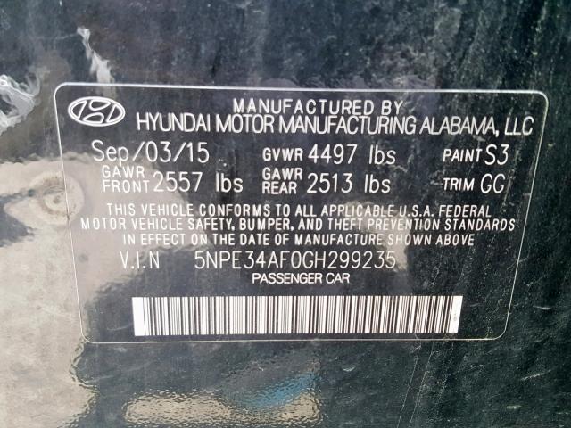 5NPE34AF0GH299235 - 2016 HYUNDAI SONATA SPO BLACK photo 10