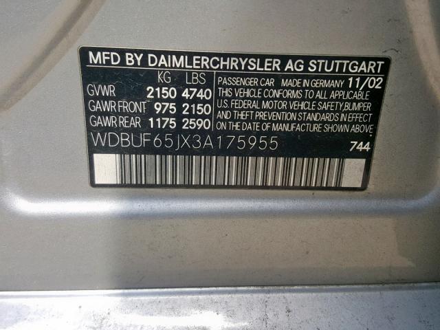 WDBUF65JX3A175955 - 2003 MERCEDES-BENZ E 320 SILVER photo 10