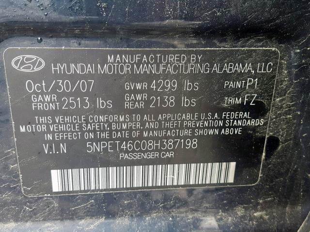 5NPET46C08H387198 - 2008 HYUNDAI SONATA GLS BLUE photo 10