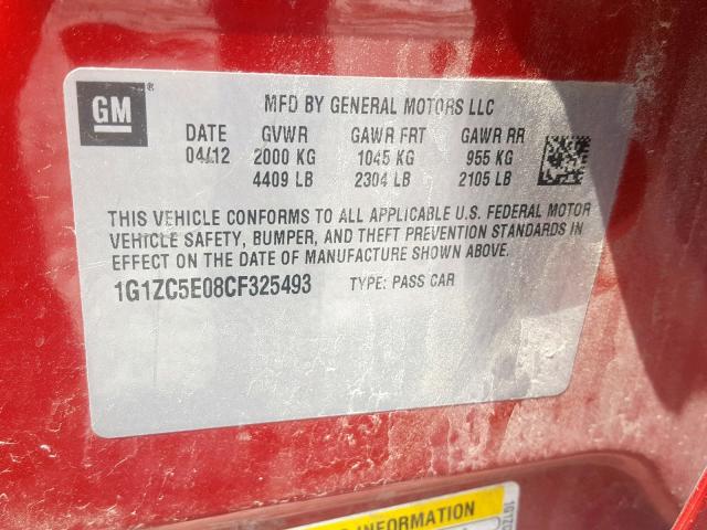 1G1ZC5E08CF325493 - 2012 CHEVROLET MALIBU 1LT 红色 照片 10