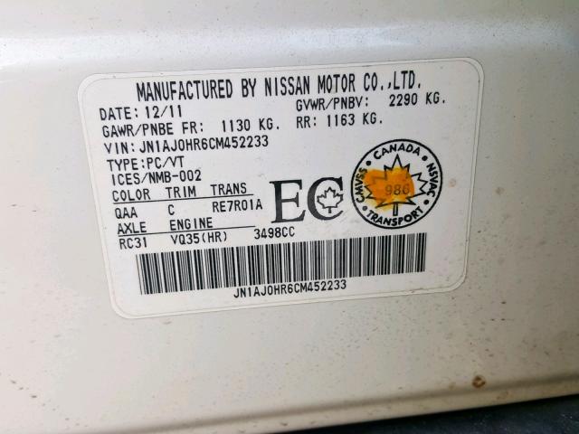 JN1AJ0HR6CM452233 - 2012 INFINITI EX35 BASE WHITE photo 10