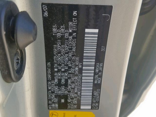 JTJHW31U072035962 - 2007 LEXUS RX 400H GRAY photo 10