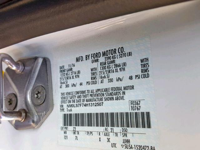 NM0LS7F74H1312507 - 2017 FORD TRANSIT CO WHITE photo 10