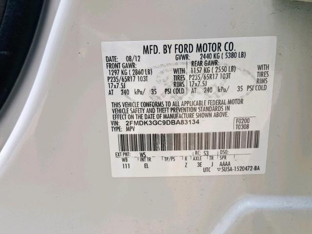 2FMDK3GC9DBA83134 - 2013 FORD EDGE SE WHITE photo 10