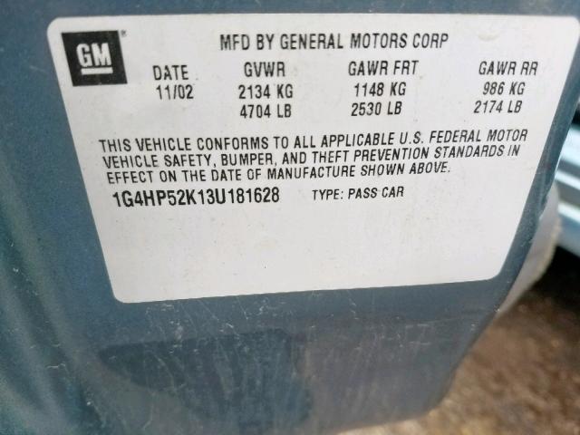 1G4HP52K13U181628 - 2003 BUICK LESABRE CU BLUE photo 10