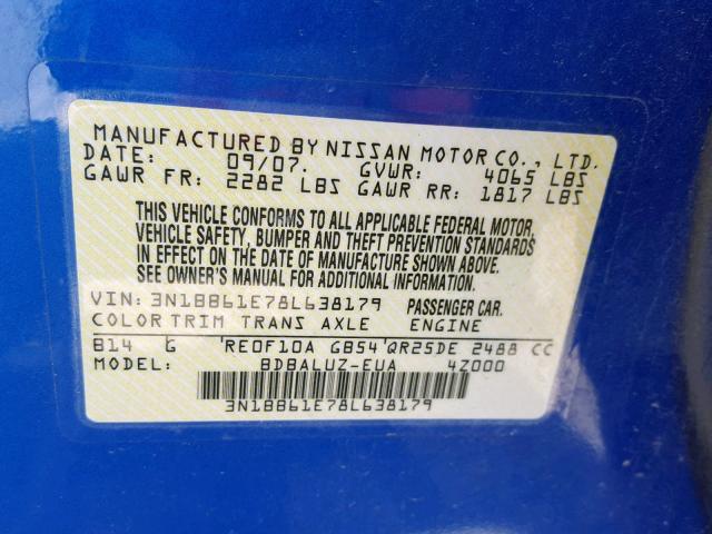 3N1BB61E78L638179 - 2008 NISSAN SENTRA SE- BLUE photo 10