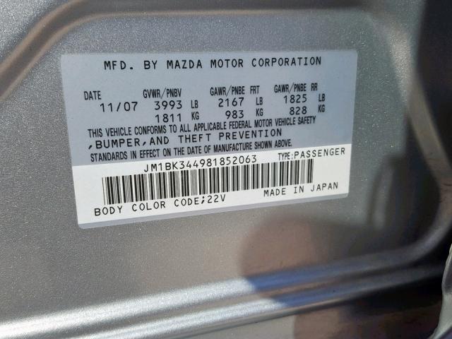 JM1BK344981852063 - 2008 MAZDA 3 HATCHBAC SILVER photo 10