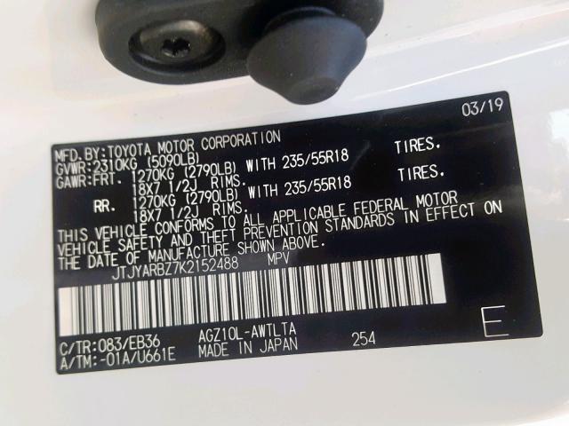 JTJYARBZ7K2152488 - 2019 LEXUS NX 300 BAS 白色 照片 10