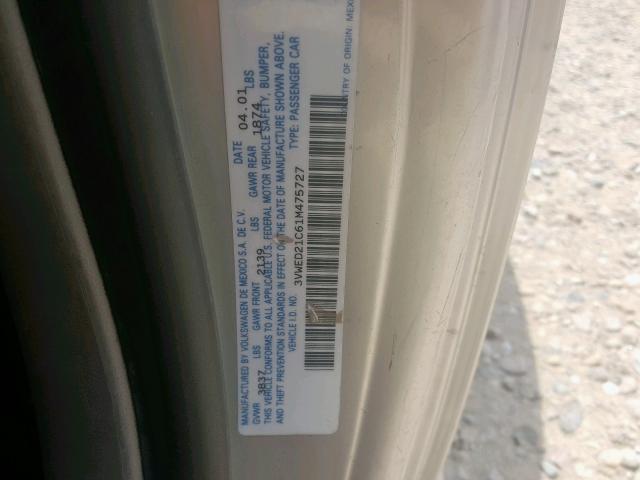 3VWED21C61M475727 - 2001 VOLKSWAGEN NEW BEETLE ვერცხლისფერი ფოტო 10