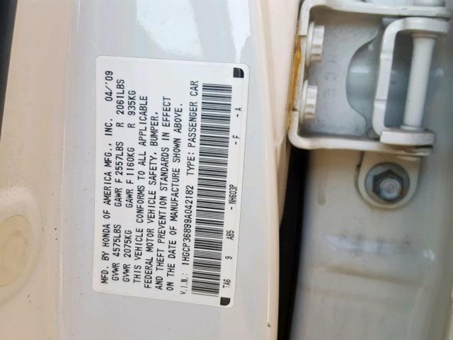 1HGCP36899A042182 - 2009 HONDA ACCORD EXL WHITE photo 10