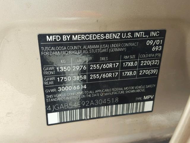 4JGAB54E92A304518 - 2002 MERCEDES-BENZ ML 320 GOLD photo 10