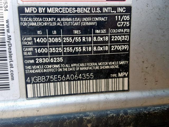 4JGBB75E56A064355 - 2006 MERCEDES-BENZ ML 500 SILVER photo 10