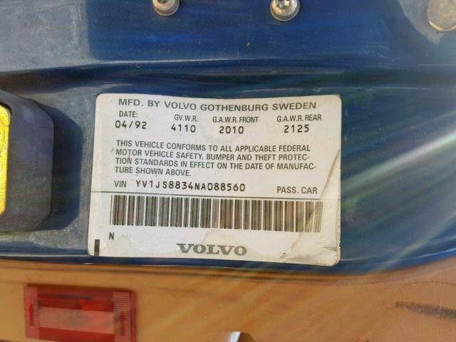 YV1JS8834NA088560 - 1992 VOLVO 940 BASE BLUE photo 10