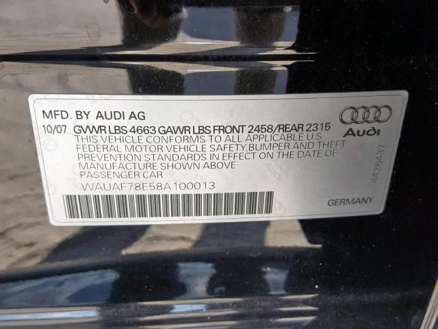 WAUAF78E58A100013 - 2008 AUDI A4 2.0T BLACK photo 10
