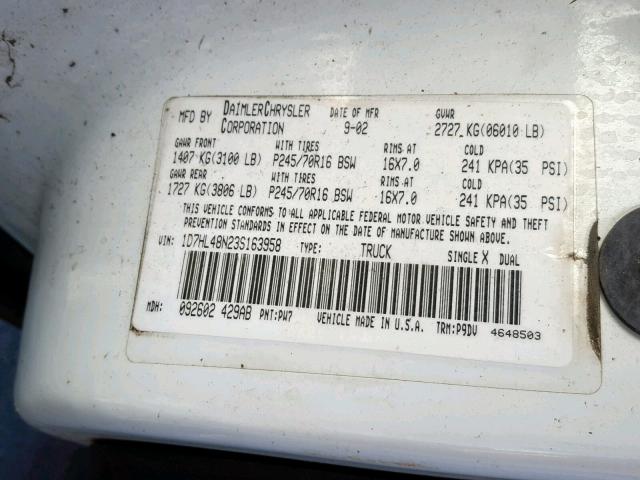 1D7HL48N23S163958 - 2003 DODGE DAKOTA QUA WHITE photo 10