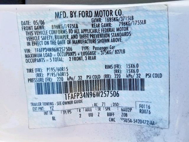 1FAFP34N96W257506 - 2006 FORD FOCUS ZX4 WHITE photo 10