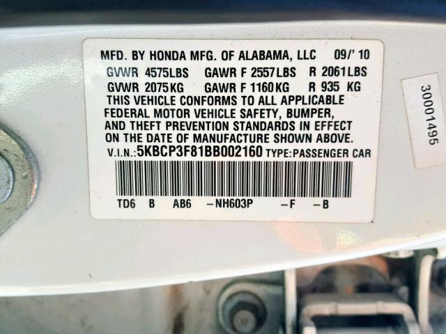 5KBCP3F81BB002160 - 2011 HONDA ACCORD EXL WHITE photo 10