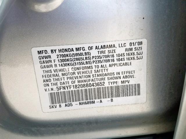 5FNYF18208B043652 - 2008 HONDA PILOT VP SILVER photo 10