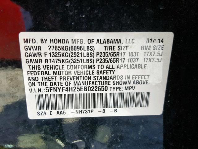 5FNYF4H25EB022650 - 2014 HONDA PILOT LX BLACK photo 10