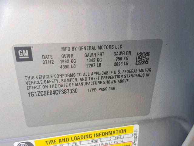 1G1ZC5E04CF387330 - 2012 CHEVROLET MALIBU 1LT SILVER photo 10