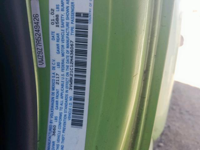 3VWBK21C12M436067 - 2002 VOLKSWAGEN NEW BEETLE მწვანე ფოტო 10