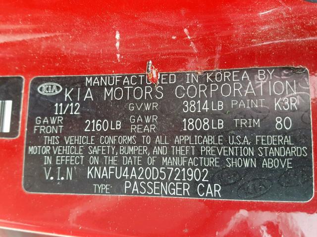 KNAFU4A20D5721902 - 2013 KIA FORTE EX RED photo 10