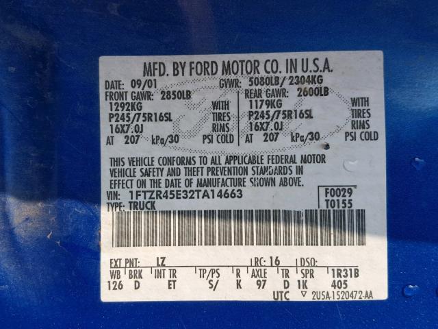 1FTZR45E32TA14663 - 2002 FORD RANGER SUP BLUE photo 10