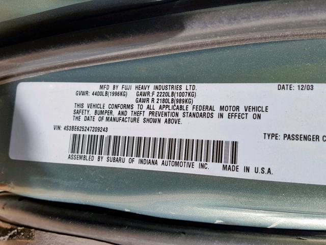 4S3BE625247209243 - 2004 SUBARU LEGACY L S GREEN photo 10