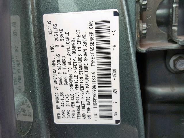 1HGCP26899A118316 - 2009 HONDA ACCORD EXL GREEN photo 10