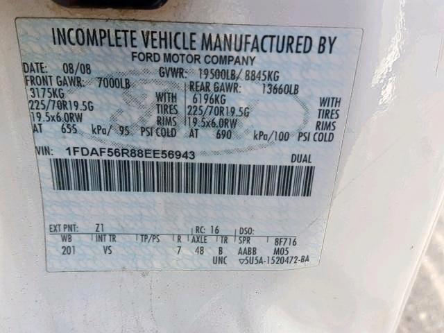 1FDAF56R88EE56943 - 2008 FORD F550 SUPER WHITE photo 10