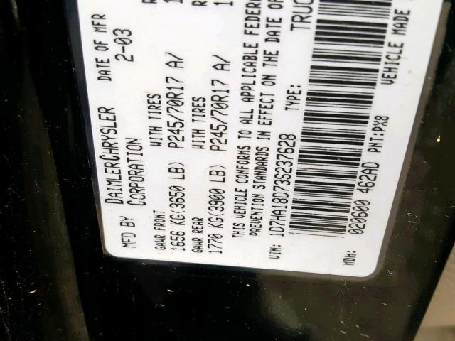 1D7HA18D73S237628 - 2003 DODGE RAM 1500 S BLACK photo 10