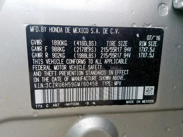 3CZRU6H59GM760458 - 2016 HONDA HR-V EX SILVER photo 10