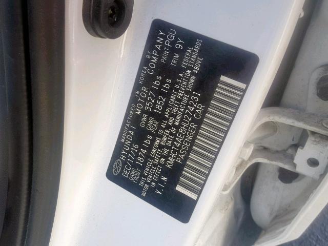 KMHCT4AE8HU274231 - 2017 HYUNDAI ACCENT SE WHITE photo 10