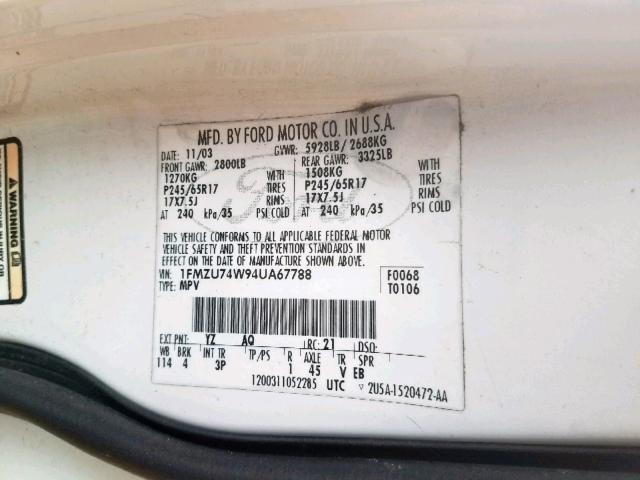 1FMZU74W94UA67788 - 2004 FORD EXPLORER E WHITE photo 10