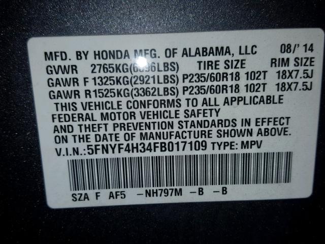 5FNYF4H34FB017109 - 2015 HONDA PILOT SE GRAY photo 10