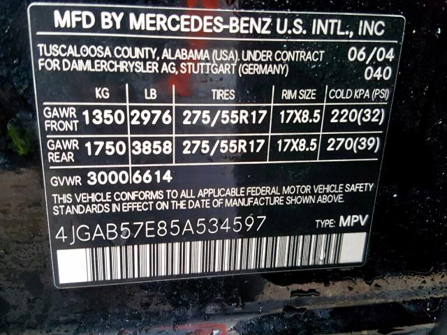 4JGAB57E85A534597 - 2005 MERCEDES-BENZ ML 350 BLACK photo 10