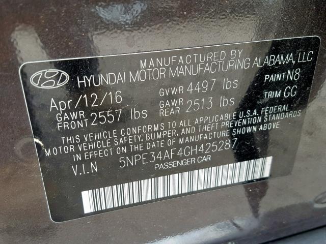 5NPE34AF4GH425287 - 2016 HYUNDAI SONATA SPO BROWN photo 10