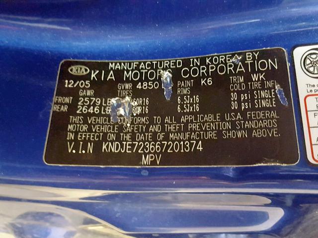 KNDJE723667201374 - 2006 KIA NEW SPORTA BLUE photo 10