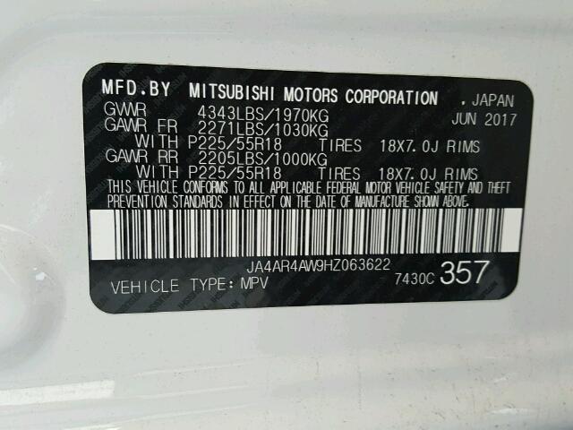 JA4AR4AW9HZ063622 - 2017 MITSUBISHI OUTLANDER WHITE photo 10