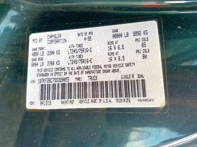 1B7KF26C7SS320055 - 1995 DODGE RAM 2500 GREEN photo 10