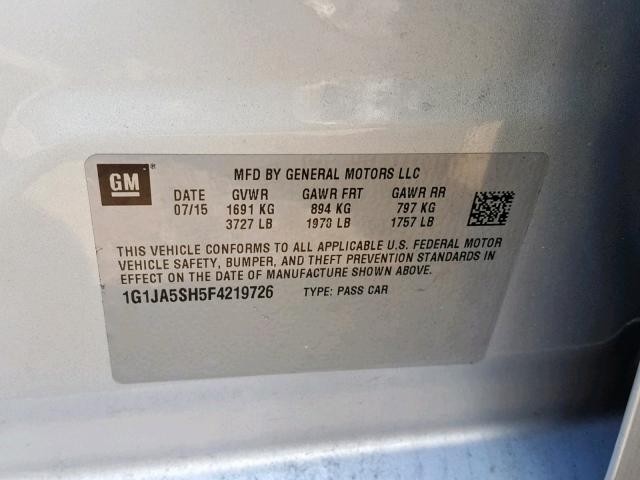 1G1JA5SH5F4219726 - 2015 CHEVROLET SONIC LS SILVER photo 10