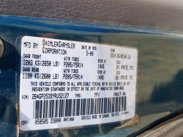 2B4GP2539YR852127 - 2000 DODGE CARAVAN GREEN photo 10