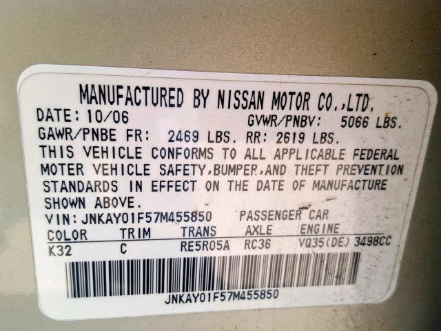 JNKAY01F57M455850 - 2007 INFINITI M35 BASE BEIGE photo 10