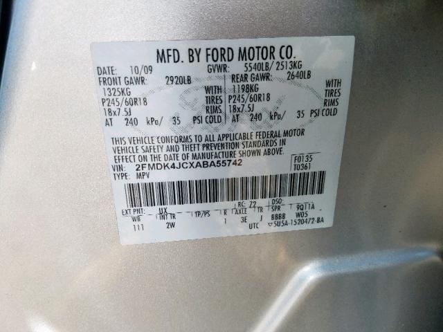 2FMDK4JCXABA55742 - 2010 FORD EDGE SEL SILVER photo 10