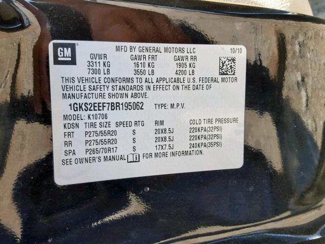 1GKS2EEF7BR195062 - 2011 GMC YUKON DENA BLACK photo 10