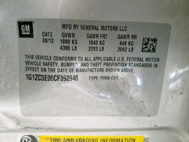 1G1ZC5E06CF392948 - 2012 CHEVROLET MALIBU 1LT SILVER photo 10