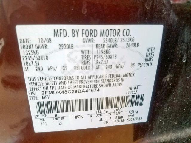 2FMDK48C29BA41674 - 2009 FORD EDGE SEL BURGUNDY photo 10