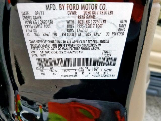 1FMCU0EG2CKA75519 - 2012 FORD ESCAPE LIM BLACK photo 10